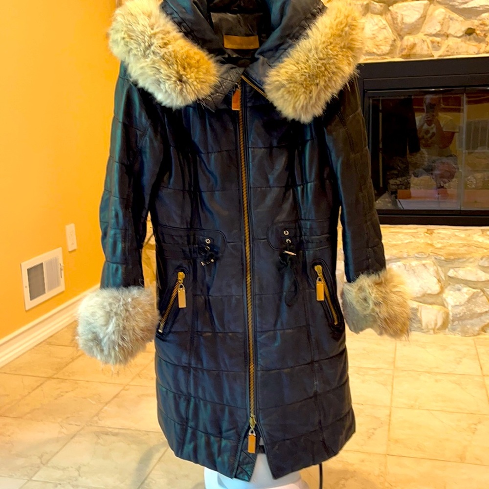 Italian Real Leather Jacket , long, with Real Wolf Fur